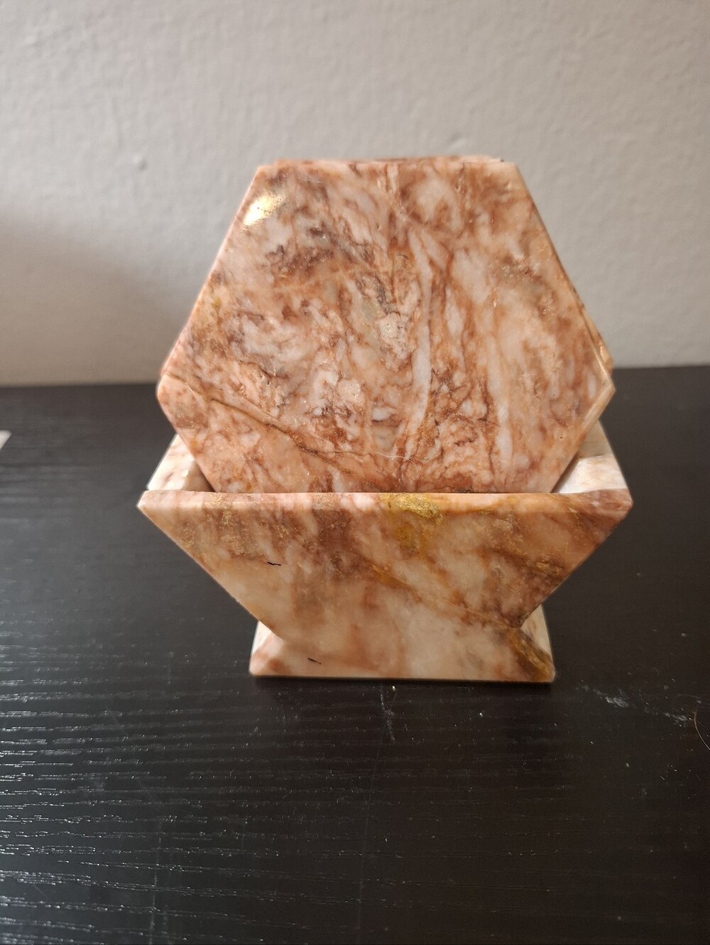 VINTAGE Marble Hexagonal Coaster Set of 5 With Holder
